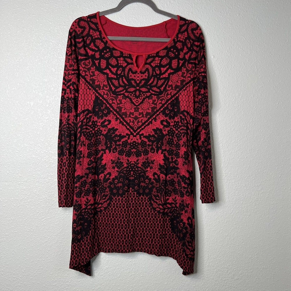 Soma Cool Nights Nightgown Red Black Floral Sleepshirt Long Sleeve Scoop Medium